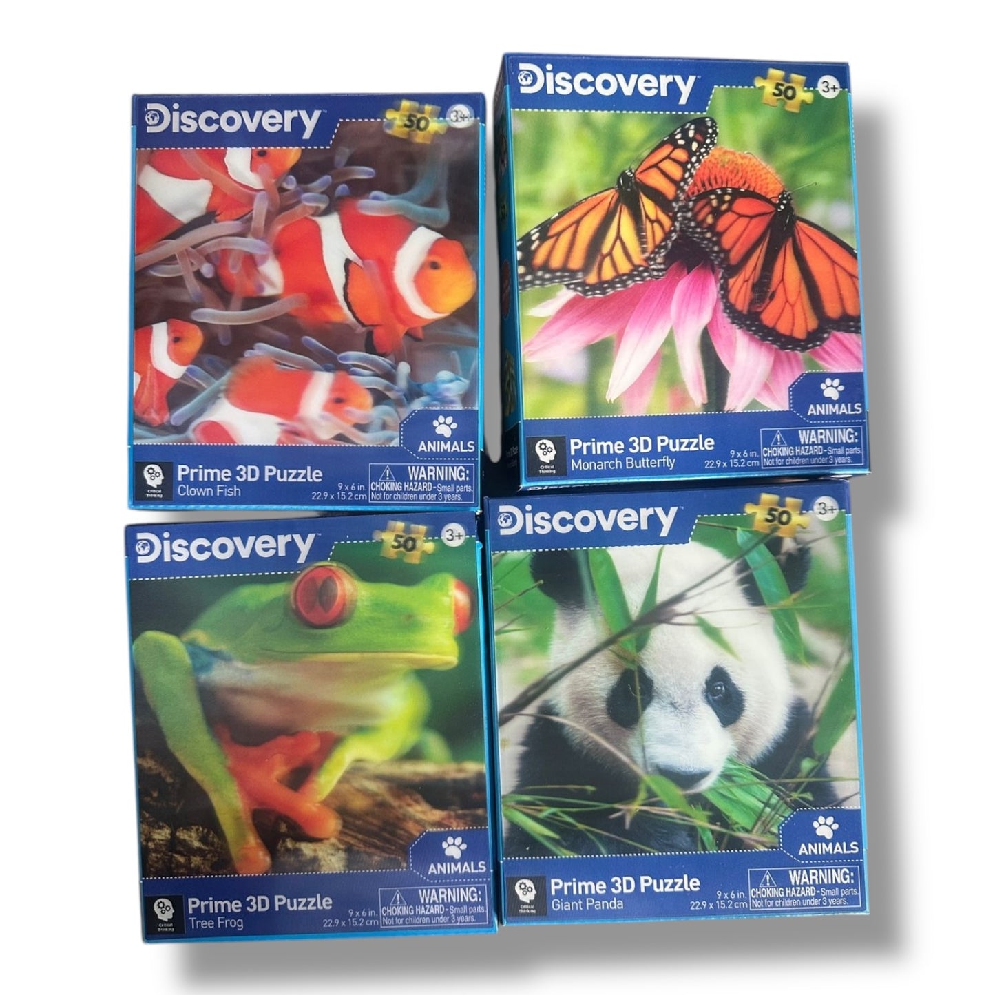 Colección de Rompecabezas Discovery 3D (Panda, pez payaso, mariposa monarca y rana)